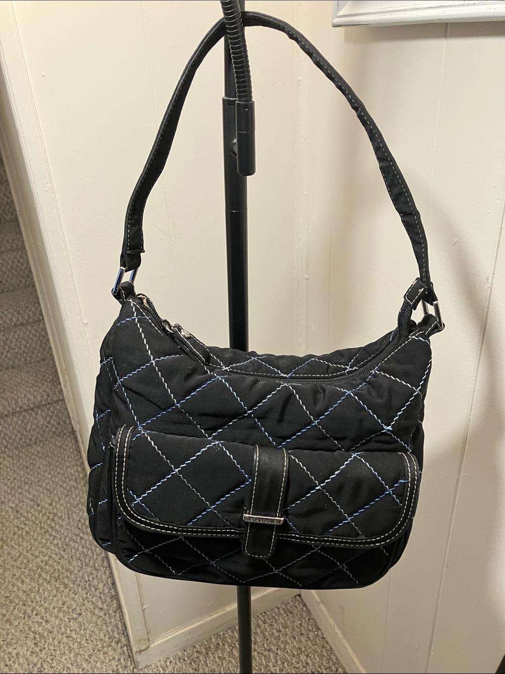 Vera Bradley Black Quilted Shoulder Bag with Blue Stitching